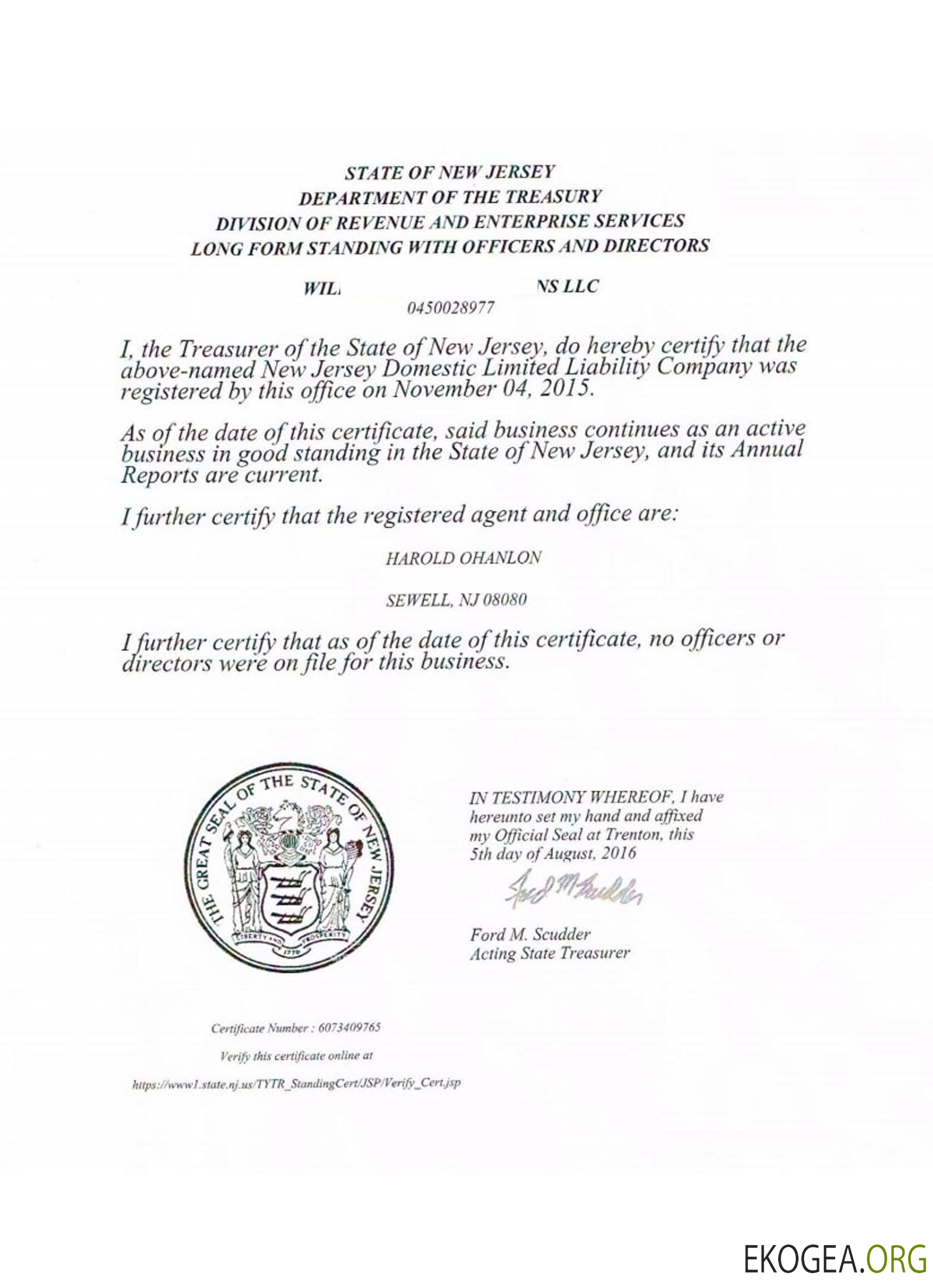 Certificat de bonne réputation du New Jersey aux États Unis